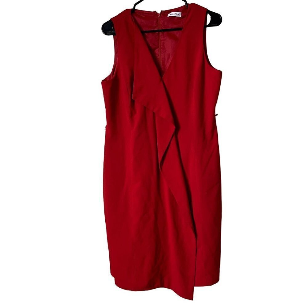 Calvin Klein bright red formal sleeveless dress vneck midi bodycon dress